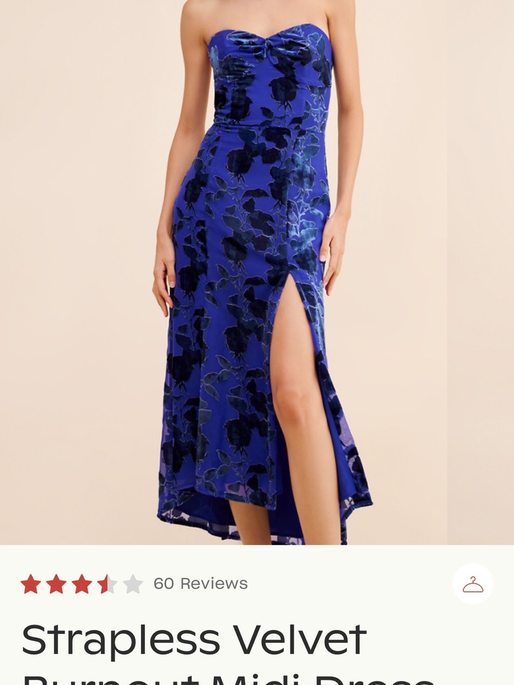 Hutch Strapless Royal Blue Velvet Burnout Midi Dress with Side Slit